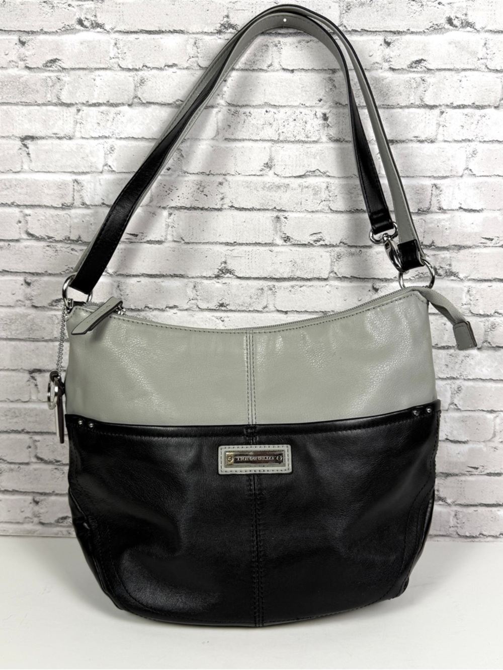 Tignanello Pebbled Black and Gray Leather Satchel Handbag